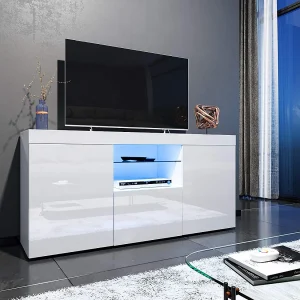 Glanzend wit tv-meubel met LED-licht, 3 deuren, glazen plank, modern tv-meubel, woonkamerdressoir, 135x35x70cm