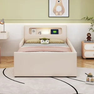 Gestoffeerd ledikant 90*200 cm, met nachtlampje en USB-oplaadpoort, met opbergvak, imitatieleer stof, Beige Gestoffeerd ledikant 90*200 cm, met nachtlampje en USB-oplaadpoort, met opbergvak, imitatieleer stof, Beige