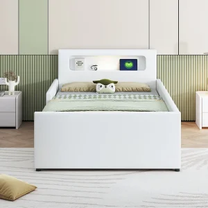 Gestoffeerd kinderbed 90*200 cm, met nachtlampje en USB-oplaadpoort, met opbergvak, kunstlederen stof, wit Gestoffeerd kinderbed 90*200 cm, met nachtlampje en USB-oplaadpoort, met opbergvak, kunstlederen stof, wit