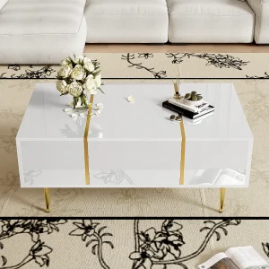 Glanzende salontafel met 2 lades, metalen poten, modern en eenvoudig, woonkamertafel, witte balkon-bijzettafel