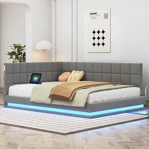 Gestoffeerd bed, slaapbank 140*200, met LED-hoofdband, USB-aansluiting, huidvriendelijke veloursstof, grijs Gestoffeerd bed, slaapbank 140*200, met LED-hoofdband, USB-aansluiting, huidvriendelijke veloursstof, grijs