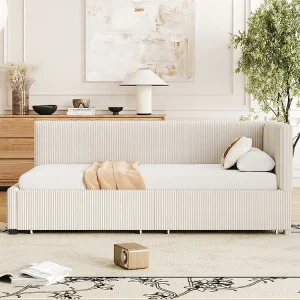 Gestoffeerd bed, slaapbank 90*200 cm, met 2 grote opbergladen, huidvriendelijke velours stof, beige Gestoffeerd bed, slaapbank 90*200 cm, met 2 grote opbergladen, huidvriendelijke velours stof, beige