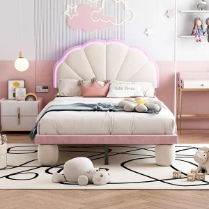Gestoffeerd kinderbed met afwisselend veelkleurige LED-strips, hoofdbord met schulprand, beige + roze, 90×200 cm Gestoffeerd kinderbed met afwisselend veelkleurige LED-strips, hoofdbord met schulprand, beige + roze, 90×200 cm