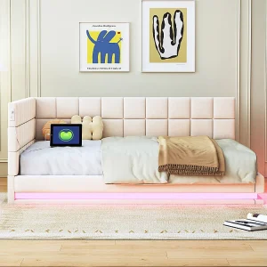 Gestoffeerd bed, slaapbank 140*200 met LED-hoofdband, beige USB-aansluiting Gestoffeerd bed, slaapbank 140*200 met LED-hoofdband, beige USB-aansluiting