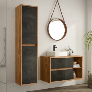 Naturelkleurige en antracietgrijze hangende badkamerkolom, H170 cm, TIKITKI Naturelkleurige en antracietgrijze hangende badkamerkolom, H170 cm, TIKITKI