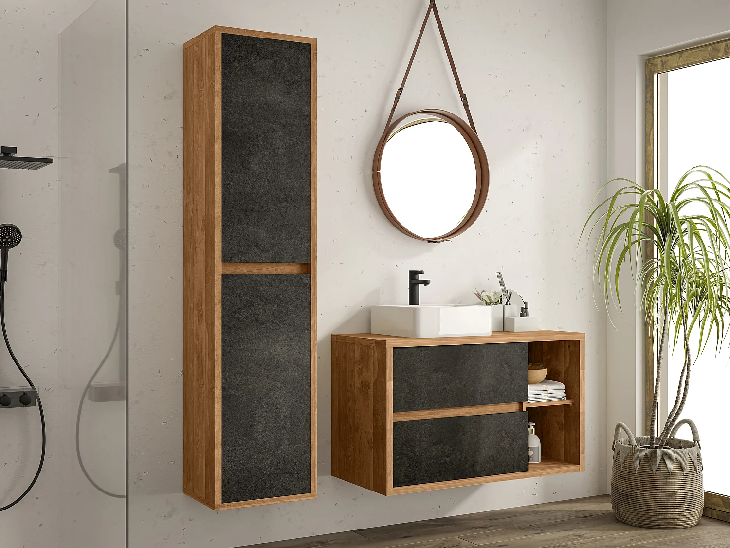 Naturelkleurige en antracietgrijze hangende badkamerkolom, H170 cm, TIKITKI