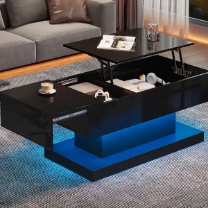 Hefbare salontafel met LED – met opbergruimte en semi-hefbaar blad – Zwart Hefbare salontafel met LED – met opbergruimte en semi-hefbaar blad – Zwart
