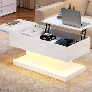 Hefbare salontafel met LED – met opbergruimte en semi-hefbaar blad – Wit Hefbare salontafel met LED – met opbergruimte en semi-hefbaar blad – Wit