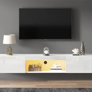 Hangend TV-meubel 160cm – 1 open vak & 2 draaideuren – glanzende uitstraling – Wit Hangend TV-meubel 160cm – 1 open vak & 2 draaideuren – glanzende uitstraling – Wit