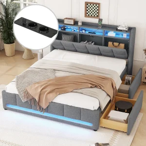 Gestoffeerd bed 140 x 200 cm met hoofdeinde en 2 lades – LED's en USB-aansluitingen – Linnenstof – Grijs (zonder matras) Gestoffeerd bed 140 x 200 cm met hoofdeinde en 2 lades – LED's en USB-aansluitingen – Linnenstof – Grijs (zonder matras)