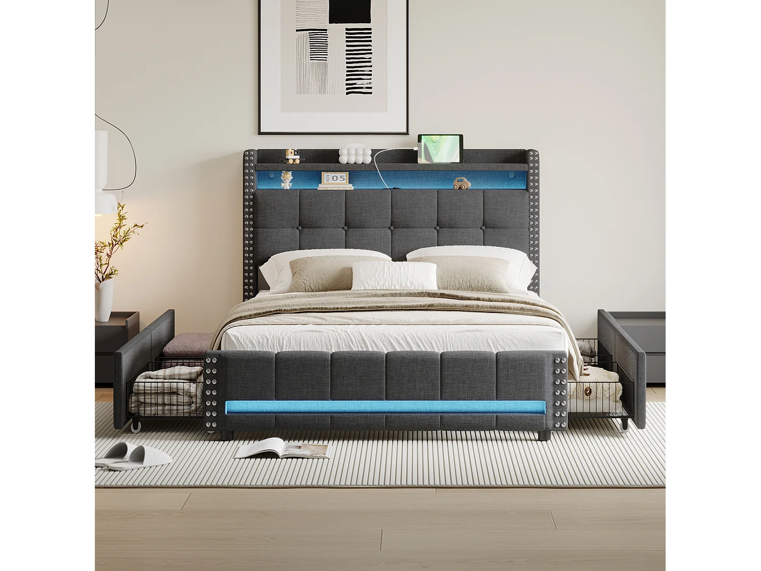 Gestoffeerd bed 140 x 200 cm met hoofdeinde en 4 laden - LED's + USB-aansluiting - Linnenstof - Grijs (zonder matras)