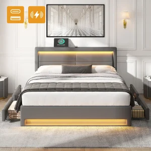 Gestoffeerd bed 140 x 200 cm met 4 lades en hoofdbord – USB poort + LED's – PU leer – Grijs (zonder matras) Gestoffeerd bed 140 x 200 cm met 4 lades en hoofdbord – USB poort + LED's – PU leer – Grijs (zonder matras)