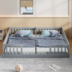 Gestoffeerd bed 90 x 200 cm, kinderbed met rooster, zonder lattenbodem (zonder matras), voor gezin met twee kinderen, grenenhout, minimalistische stijl, grijs