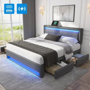 Gestoffeerd bed 140 x 190 cm met 4 lades en hoofdeinde – USB poort + LED's – PU leer – Grijs (zonder matras) Gestoffeerd bed 140 x 190 cm met 4 lades en hoofdeinde – USB poort + LED's – PU leer – Grijs (zonder matras)