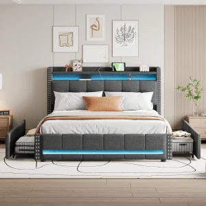 Gestoffeerd bed 160 x 200 cm met hoofdeinde en 4 laden – LED's + USB-aansluiting – Linnenstof – Grijs (zonder matras)