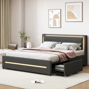 Gestoffeerd bed 160 x 200 cm met hoofdeinde en 4 laden – LED's – Linnenstof – Grijs (zonder matras)