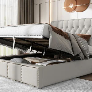 Gestoffeerd linnenopbergbed – versierd met klinknagels – met lattenbodem – 140x190cm – Lichtgrijs Gestoffeerd linnenopbergbed – versierd met klinknagels – met lattenbodem – 140x190cm – Lichtgrijs