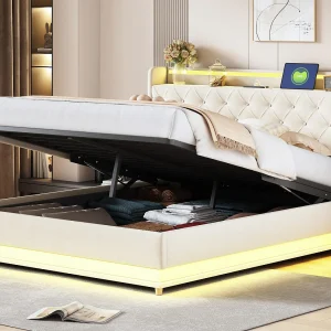 Gestoffeerd borstbed met LED 160×200 cm – met USB-oplaadpoort – Linnen stof – Beige Gestoffeerd borstbed met LED 160×200 cm – met USB-oplaadpoort – Linnen stof – Beige