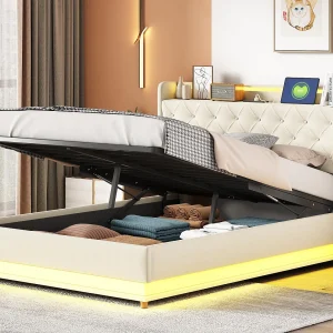 Bed Gestoffeerde Ladekast met LED 140×200 cm – Met USB Oplaadpoort – Linnenstof – Beige
