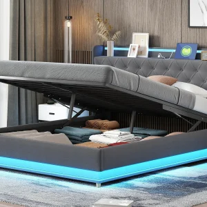 Bed Gestoffeerde Commode met LED 160×200 cm – met USB Oplaadpoort – Linnen stof – Grijs