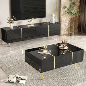 Glanzende tv-standaard en moderne salontafelset, opbergkasten, zwart Glanzende tv-standaard en moderne salontafelset, opbergkasten, zwart