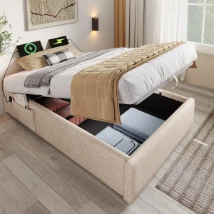 Gestoffeerd borstbed 90×190cm – linnenstof – met oplaadpunten en lattenbodemkussen – Beige Gestoffeerd borstbed 90×190cm – linnenstof – met oplaadpunten en lattenbodemkussen – Beige