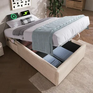 Gestoffeerd borstbed 90×200cm – linnenstof – met oplaadpunten en lattenbodemkussen – Beige Gestoffeerd borstbed 90×200cm – linnenstof – met oplaadpunten en lattenbodemkussen – Beige