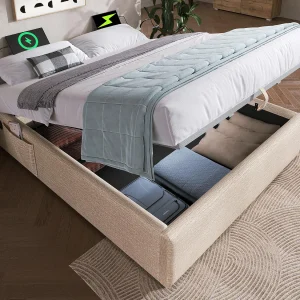 Gestoffeerd borstbed 140×200cm – linnenstof – met oplaadpunten en lattenbodemkussen – Beige Gestoffeerd borstbed 140×200cm – linnenstof – met oplaadpunten en lattenbodemkussen – Beige