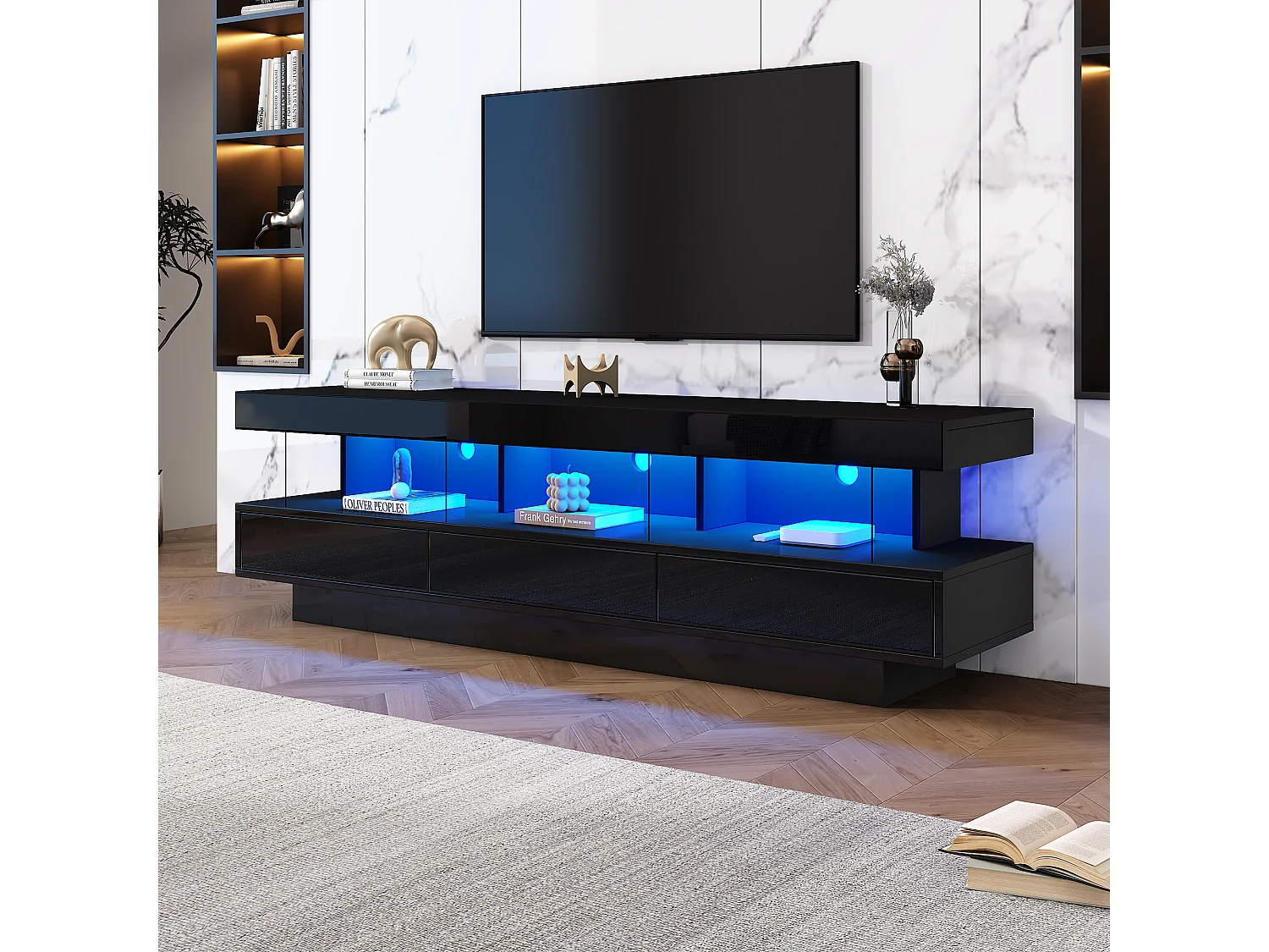 Glanzend TV-meubel - 160 x 38 x 50,5 cm - 3 glazen planken - LED's - Spaanplaat - Zwart