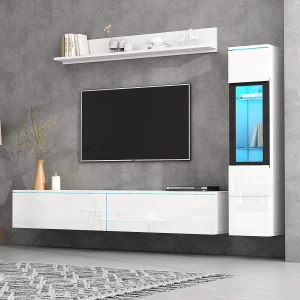 Hangend tv-meubel + woonkamervitrineset – LED's – Spaanplaat – Glanzend wit Hangend tv-meubel + woonkamervitrineset – LED's – Spaanplaat – Glanzend wit