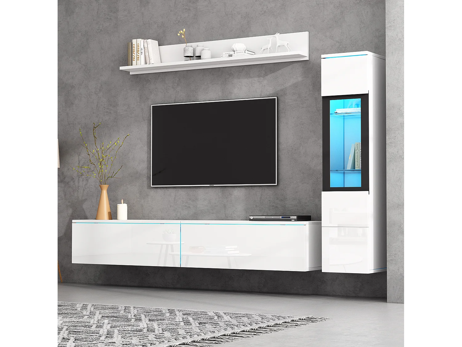 Hangend tv-meubel + woonkamervitrineset - LED's - Spaanplaat - Glanzend wit