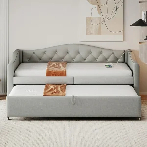 Gestoffeerd bed, uitschuifbare slaapbank 90*200 cm, met USB-aansluiting, klassieke vormgeving met knopen, linnen, grijs Gestoffeerd bed, uitschuifbare slaapbank 90*200 cm, met USB-aansluiting, klassieke vormgeving met knopen, linnen, grijs