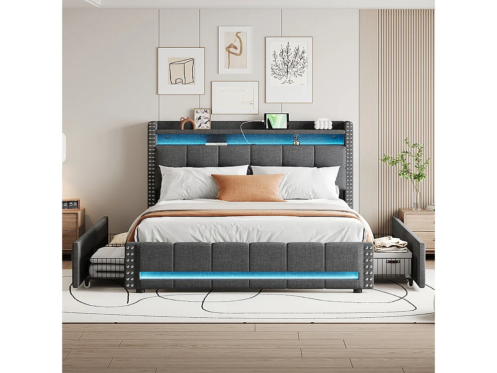 Gestoffeerd bed 160*200 cm, met LED-verlichting en USB-aansluiting, plank en lade met 4 laden, grijs
