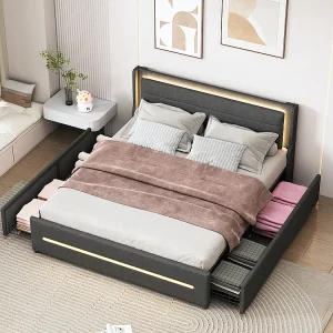 Gestoffeerd bed 160*200, met van kleur veranderende LED-verlichting, opbergvak, linnen, grijs