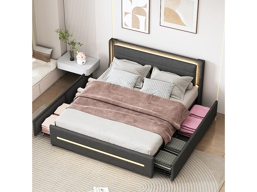 Gestoffeerd bed 160*200, met van kleur veranderende LED-verlichting, opbergvak, linnen, grijs