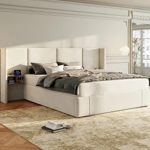 Gestoffeerd bed 160 x 200 cm, met USB-poort, stopcontact, nachtkastje, velours, beige Gestoffeerd bed 160 x 200 cm, met USB-poort, stopcontact, nachtkastje, velours, beige