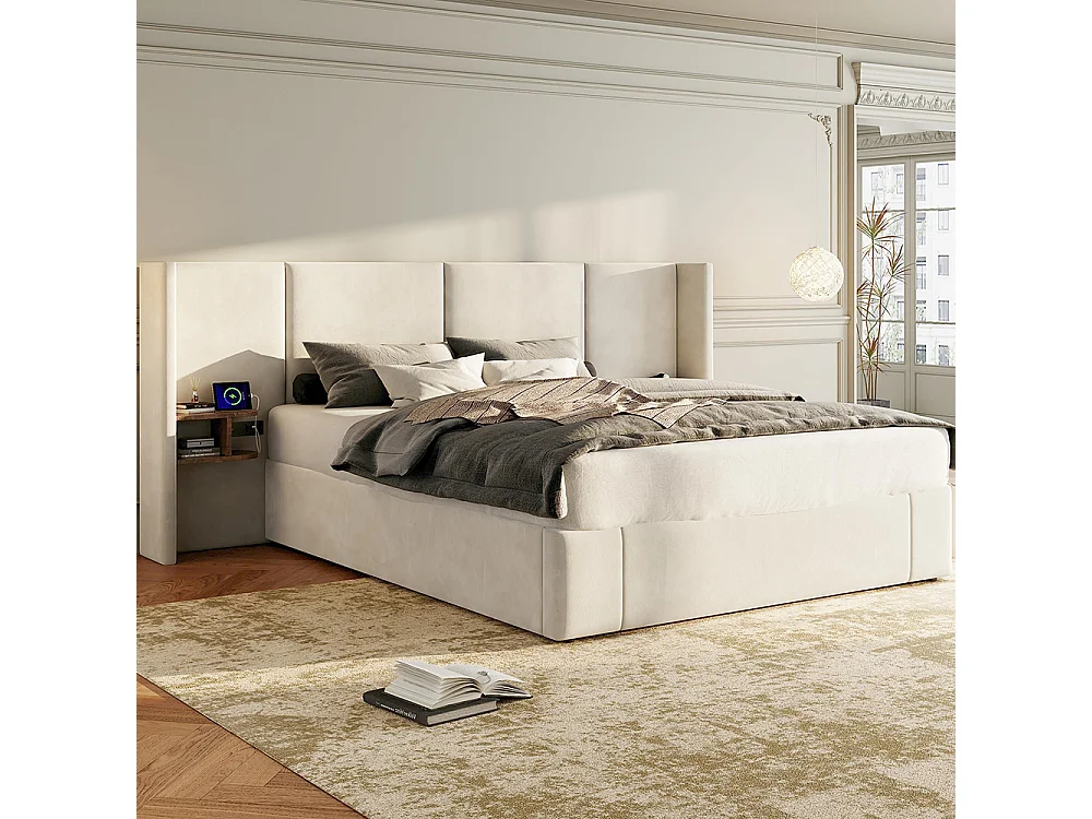Gestoffeerd bed 160 x 200 cm, met USB-poort, stopcontact, nachtkastje, velours, beige