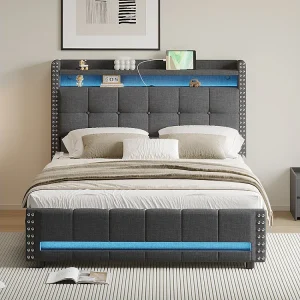 Gestoffeerd bed 140*200 cm, met LED-verlichting en USB-aansluiting, legplank en lade met 4 laden, grijs Gestoffeerd bed 140*200 cm, met LED-verlichting en USB-aansluiting, legplank en lade met 4 laden, grijs