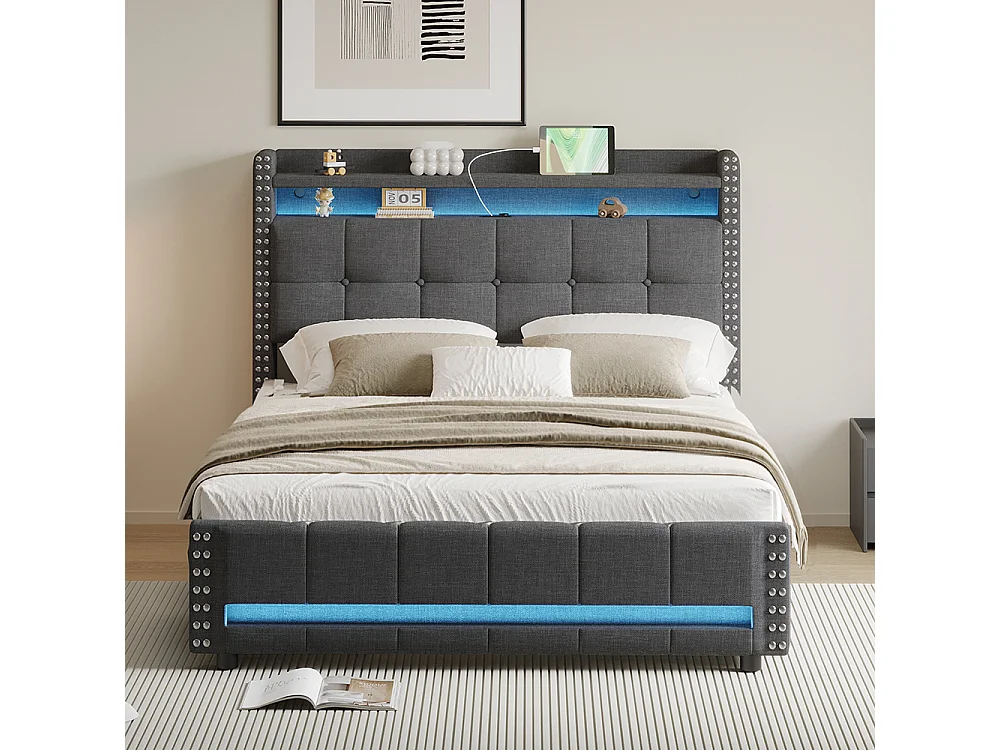 Gestoffeerd bed 140*200 cm, met LED-verlichting en USB-aansluiting, legplank en lade met 4 laden, grijs