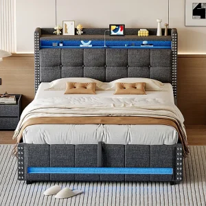 Gestoffeerd bed 140*200 cm, met LED-verlichting en USB-aansluiting, legplank en opbergruimte, grijs linnen Gestoffeerd bed 140*200 cm, met LED-verlichting en USB-aansluiting, legplank en opbergruimte, grijs linnen