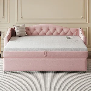 Gestoffeerd bed, uitschuifbare slaapbank 90*200 cm, met USB-poort, klassieke vorm met knopen, linnen, roze Gestoffeerd bed, uitschuifbare slaapbank 90*200 cm, met USB-poort, klassieke vorm met knopen, linnen, roze