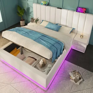 Gestoffeerd opbergbed in kunstleer 180×200cm – met LED en opladen – met lattenbodem – Wit Gestoffeerd opbergbed in kunstleer 180×200cm – met LED en opladen – met lattenbodem – Wit