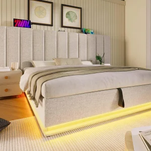 Gestoffeerd linnenopbergbed 160×200cm – met LED en opladen – met lattenbodem – Beige Gestoffeerd linnenopbergbed 160×200cm – met LED en opladen – met lattenbodem – Beige