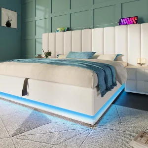 Gestoffeerd opbergbed in kunstleer 160×200cm – met LED en opladen – met lattenbodem – Wit Gestoffeerd opbergbed in kunstleer 160×200cm – met LED en opladen – met lattenbodem – Wit