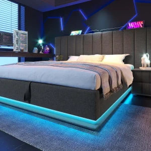 Gestoffeerd linnenopbergbed 160×200cm – met LED en opladen – met lattenbodem – Grijs Gestoffeerd linnenopbergbed 160×200cm – met LED en opladen – met lattenbodem – Grijs