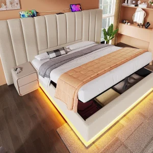 Gestoffeerd linnenopbergbed 180×200cm – met LED en opladen – met lattenbodem – Beige Gestoffeerd linnenopbergbed 180×200cm – met LED en opladen – met lattenbodem – Beige