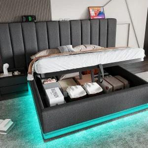 Gestoffeerd linnenopbergbed 180×200cm – met LED en opladen – met lattenbodem – Grijs Gestoffeerd linnenopbergbed 180×200cm – met LED en opladen – met lattenbodem – Grijs