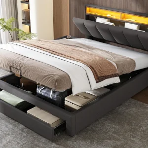 Gestoffeerd opbergbed 140x190cm in linnen met lades – opbergkop met LED – lattenbodem – Grijs Gestoffeerd opbergbed 140x190cm in linnen met lades – opbergkop met LED – lattenbodem – Grijs