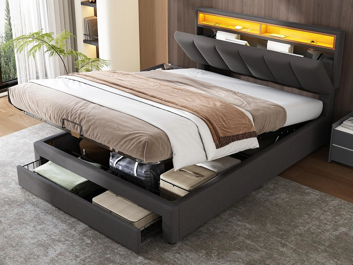 Gestoffeerd opbergbed 140x190cm in linnen met lades - opbergkop met LED - lattenbodem - Grijs