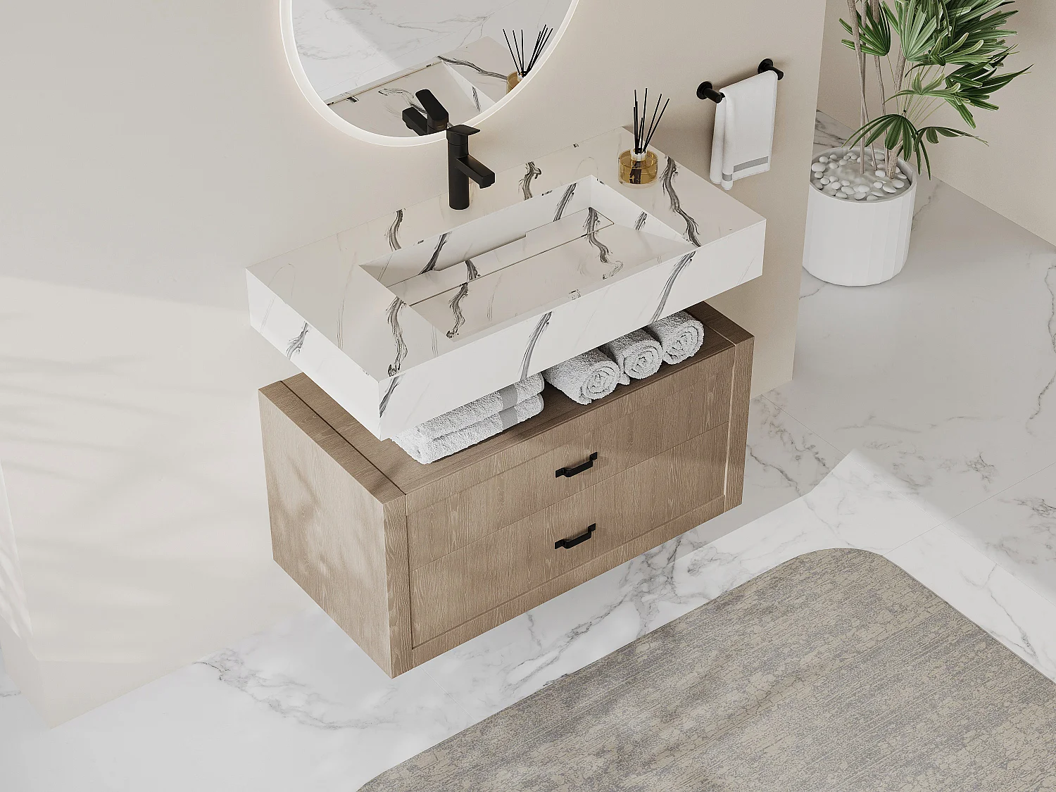 Hangende solid surface wastafel in wit marmer effect TAKOTNA - L.90.2 x B.45.2 x H.8 cm